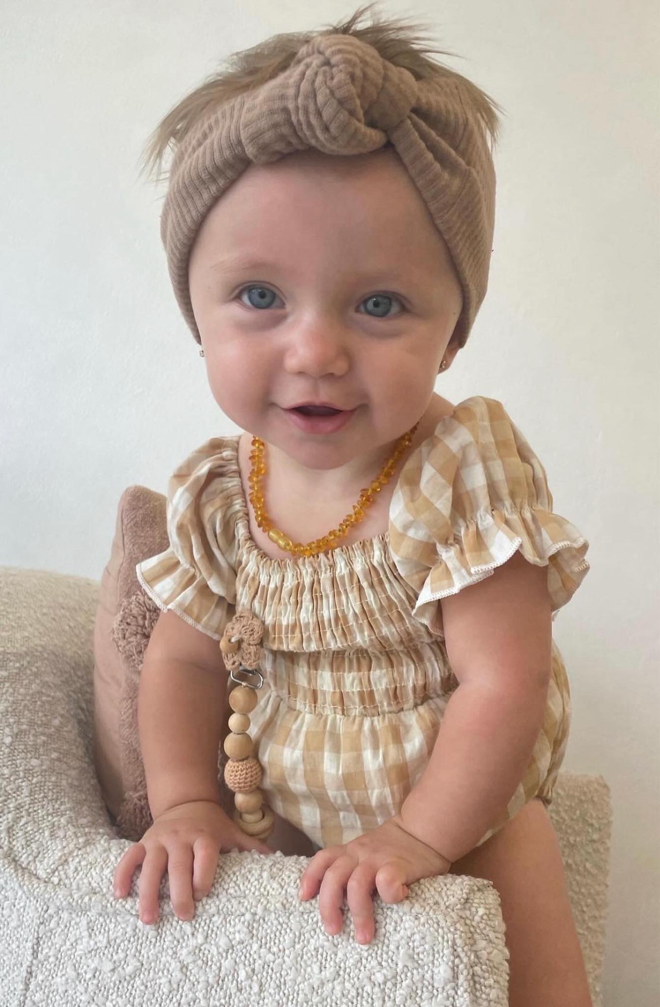 Gingham frill sleeve Romper cream