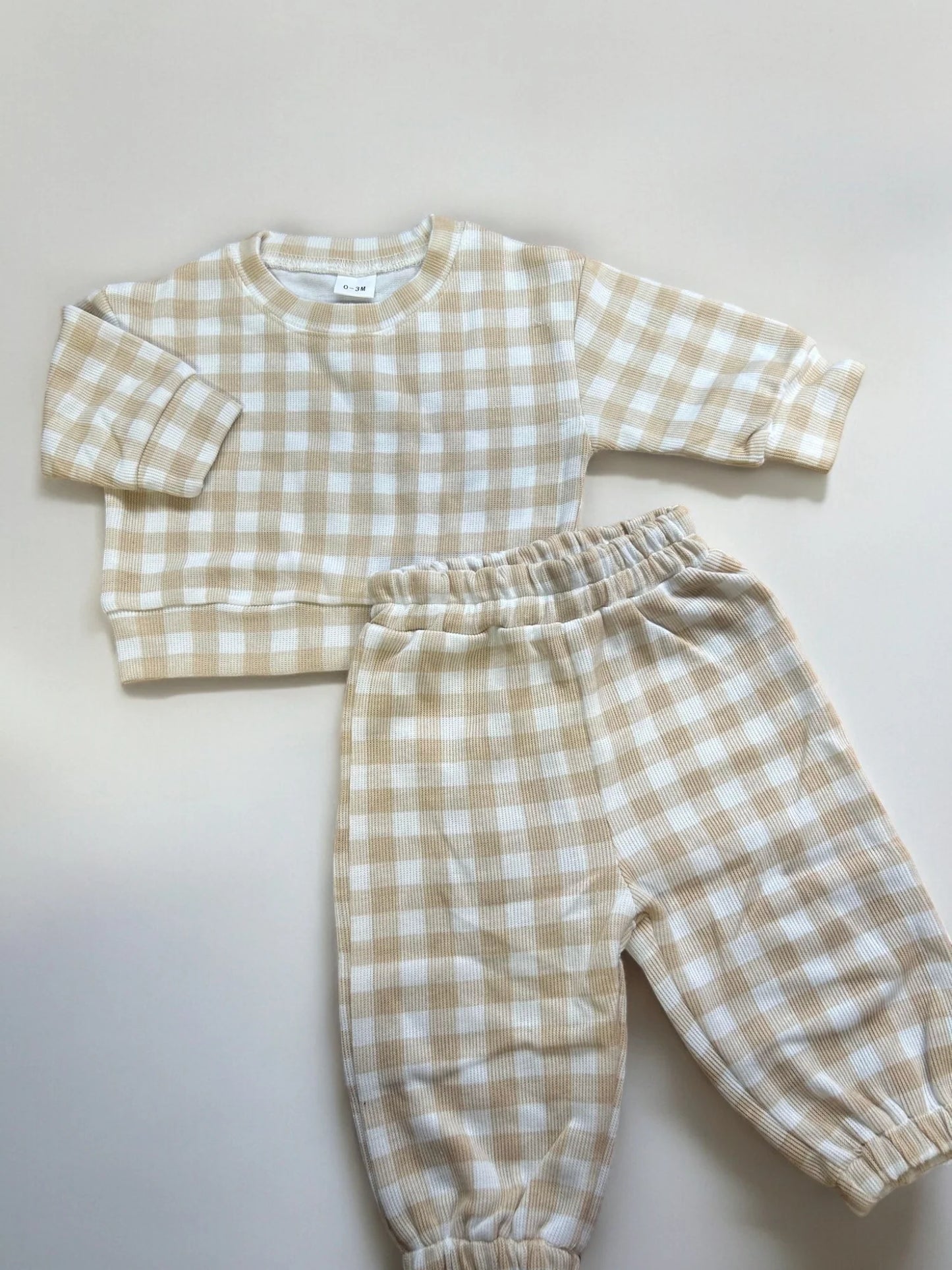 gingham tracksuit set cream and white
