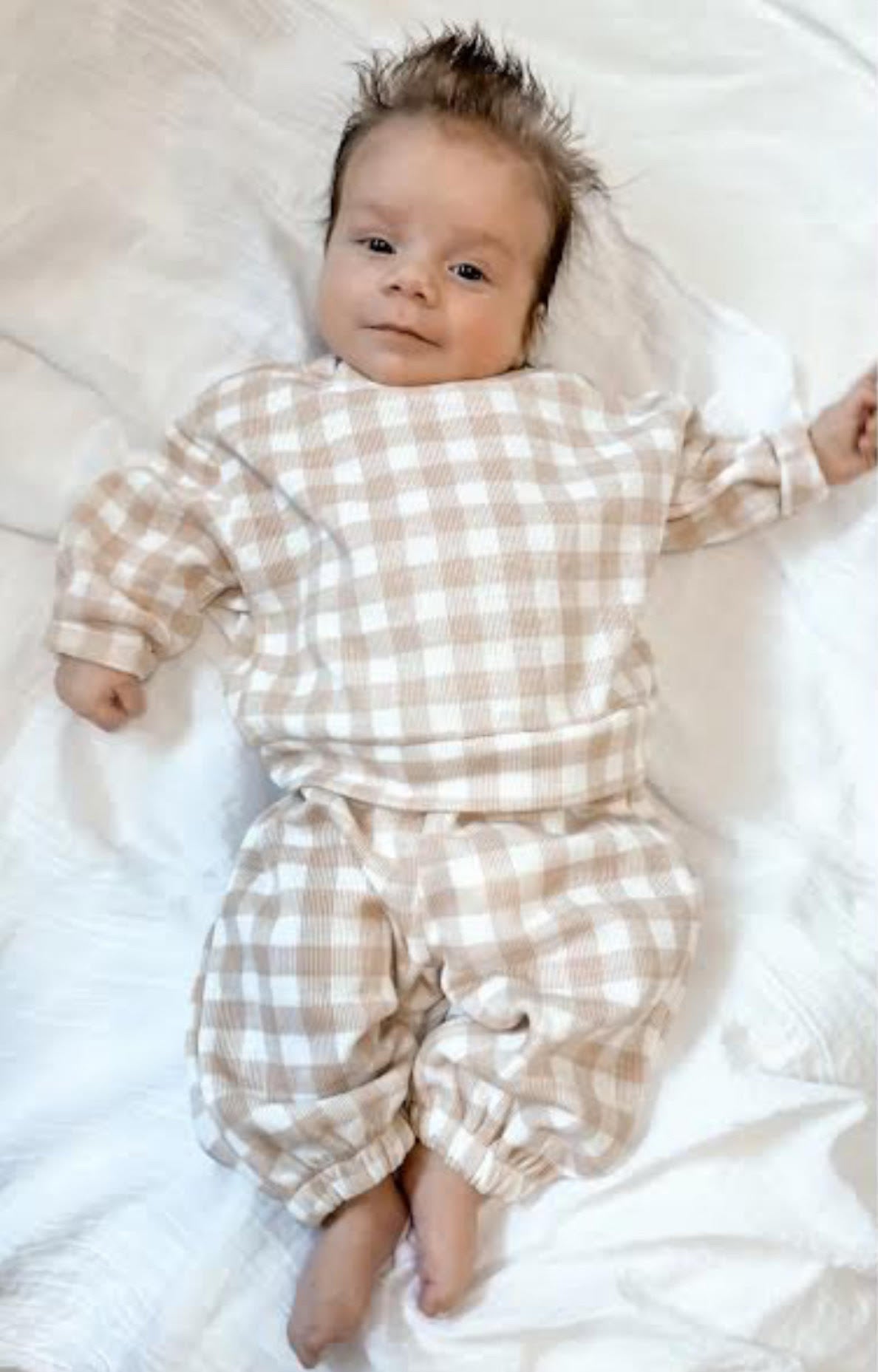 gingham tracksuit set cream and white